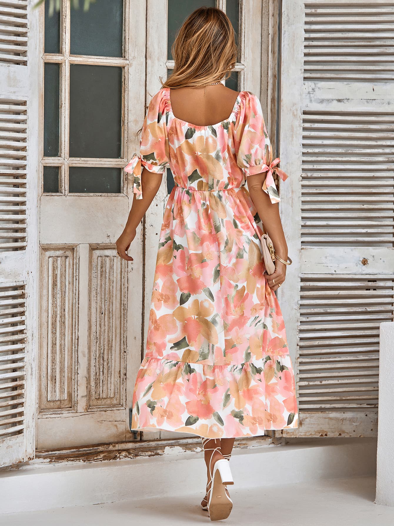 Floral Tie Cuff Surplice Neck Dress