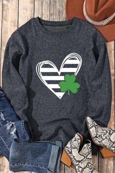 Heart Lucky Clover Round Neck Dropped Shoulder Sweatshirt