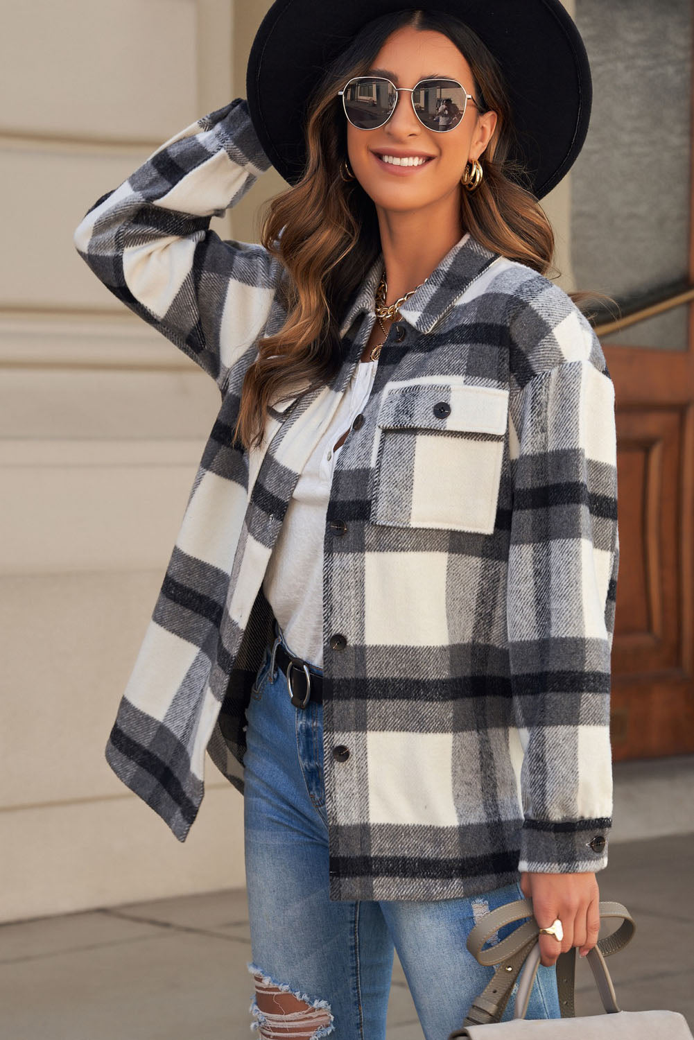 Plaid Dropped Shoulder Pocket Shacket