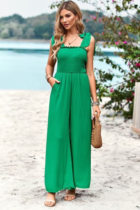 Frill Trim Tie Shoulder Wide Leg Jumpsuit with Pockets