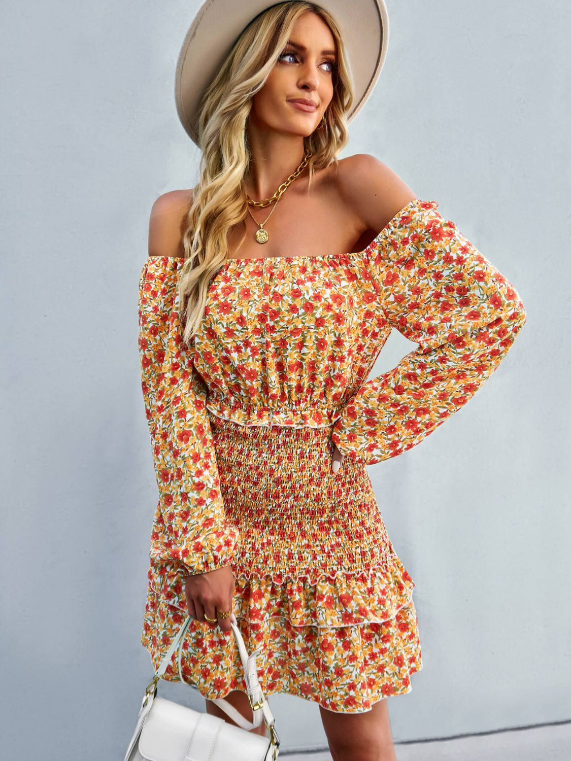 Floral Smocked Off-Shoulder Ruffled Dress