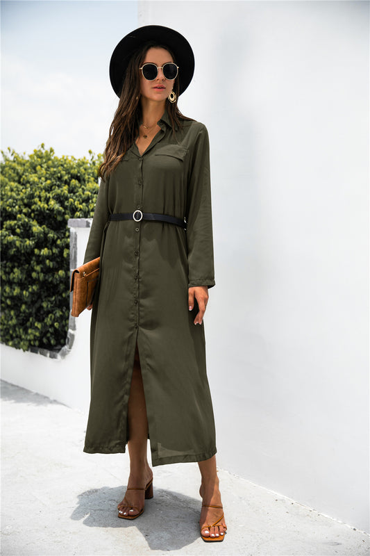 Button Down Side Slit Shirt Dress