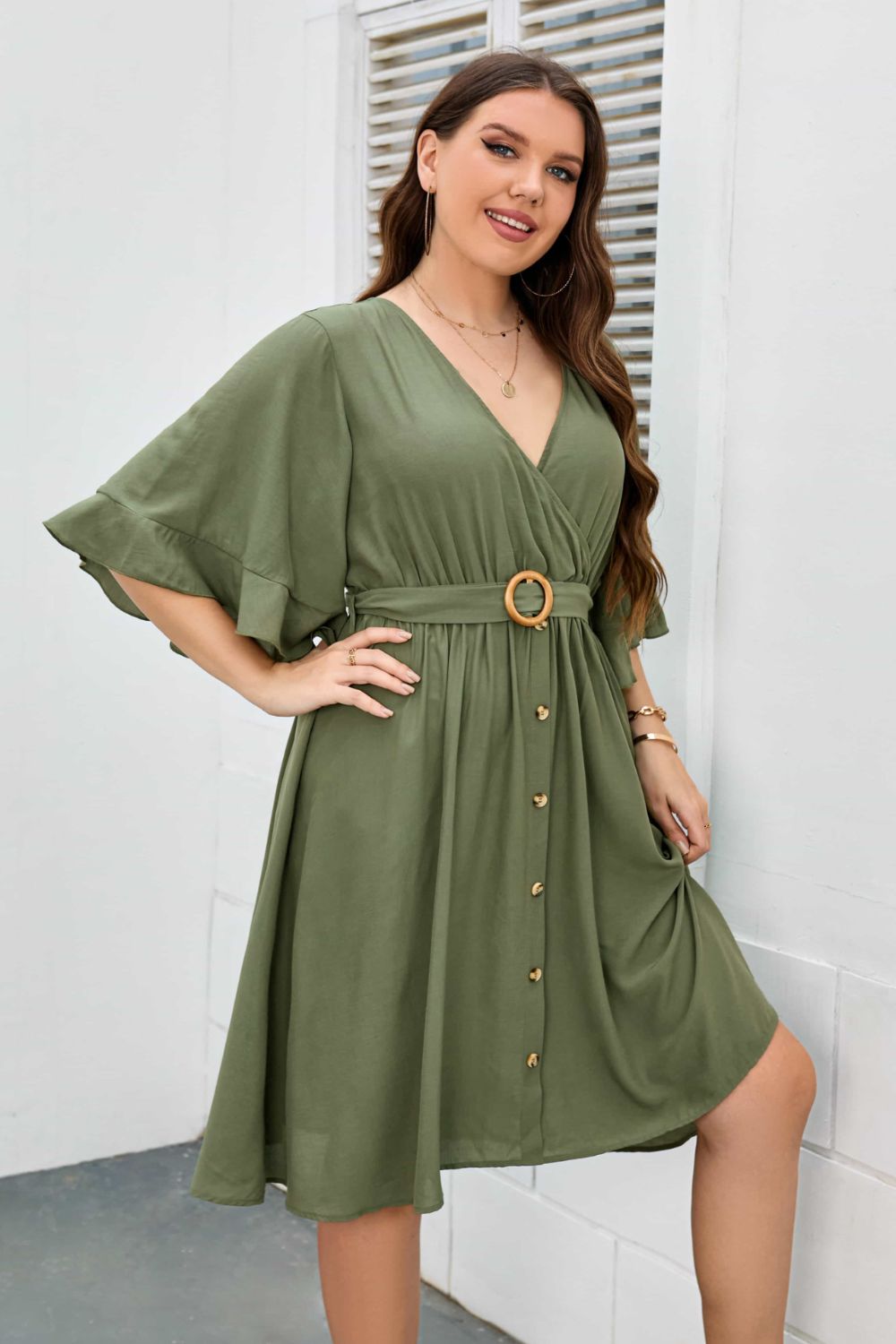 Plus Size Surplice Neck Half Sleeve Dress