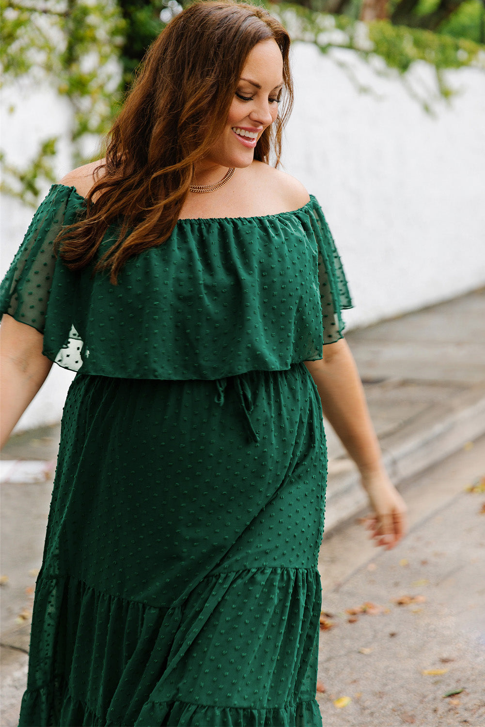 Plus Size Swiss Dot Off-Shoulder Tiered Dress